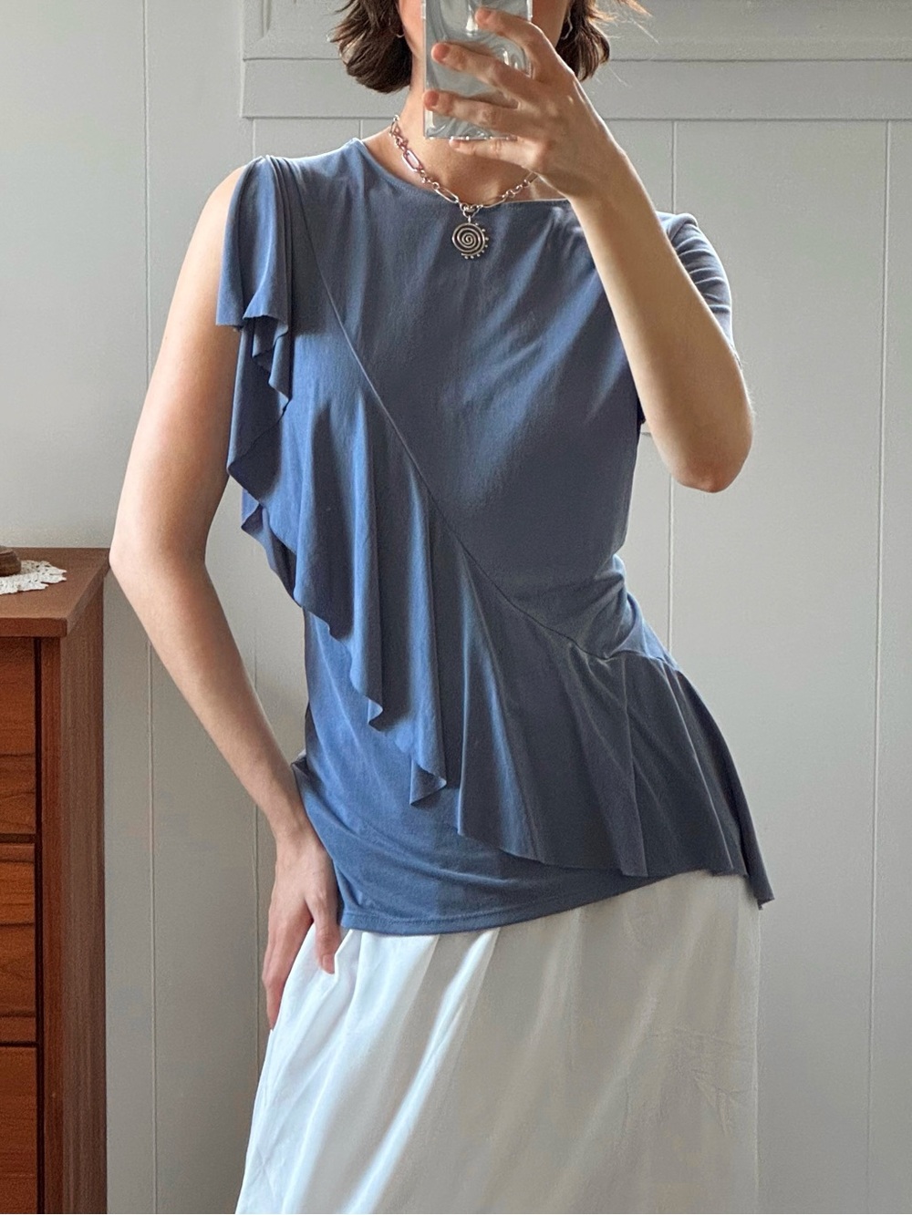 Draped asymmetrical ruffle top in dusty blue